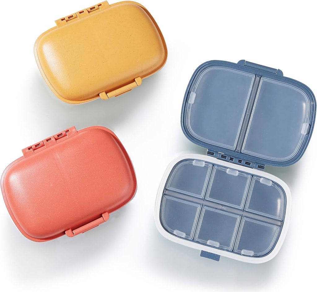 MEACOLIA 3 Pack 8 Compartments Travel Pill Organizer, Daily Pill Case Lille Pill Box til Pocket Purse, Portable Pill Container Medicine Vitamin Organizer (rød, gul, mørk blå)