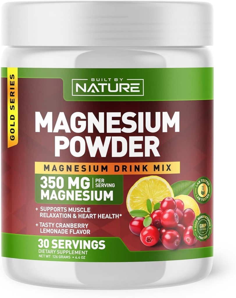Built by Nature Magnesium Powder - Anti-Stress Drink Mix for Calm & Regularity - Magnesium Citrate Supplement - Relaxation, Muscle & Heart Support - Cranberry Lemonade Flavor - 30 Servings