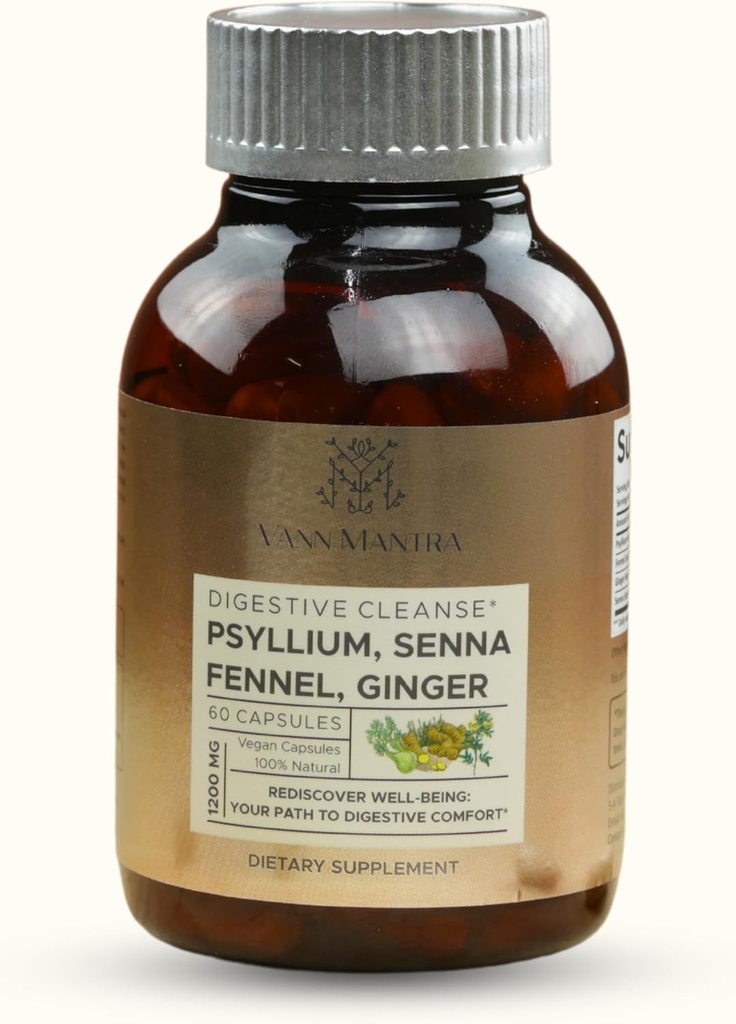 Digestive Cleanse Capsules - 1200mg Psyllium, Senna, Fennel, Ginger Extract - 60 Count, Natural Digestive & Health Support Supplement, Gentle Bowel Movement Aid - Vegan Formula for Balanced Gut Health