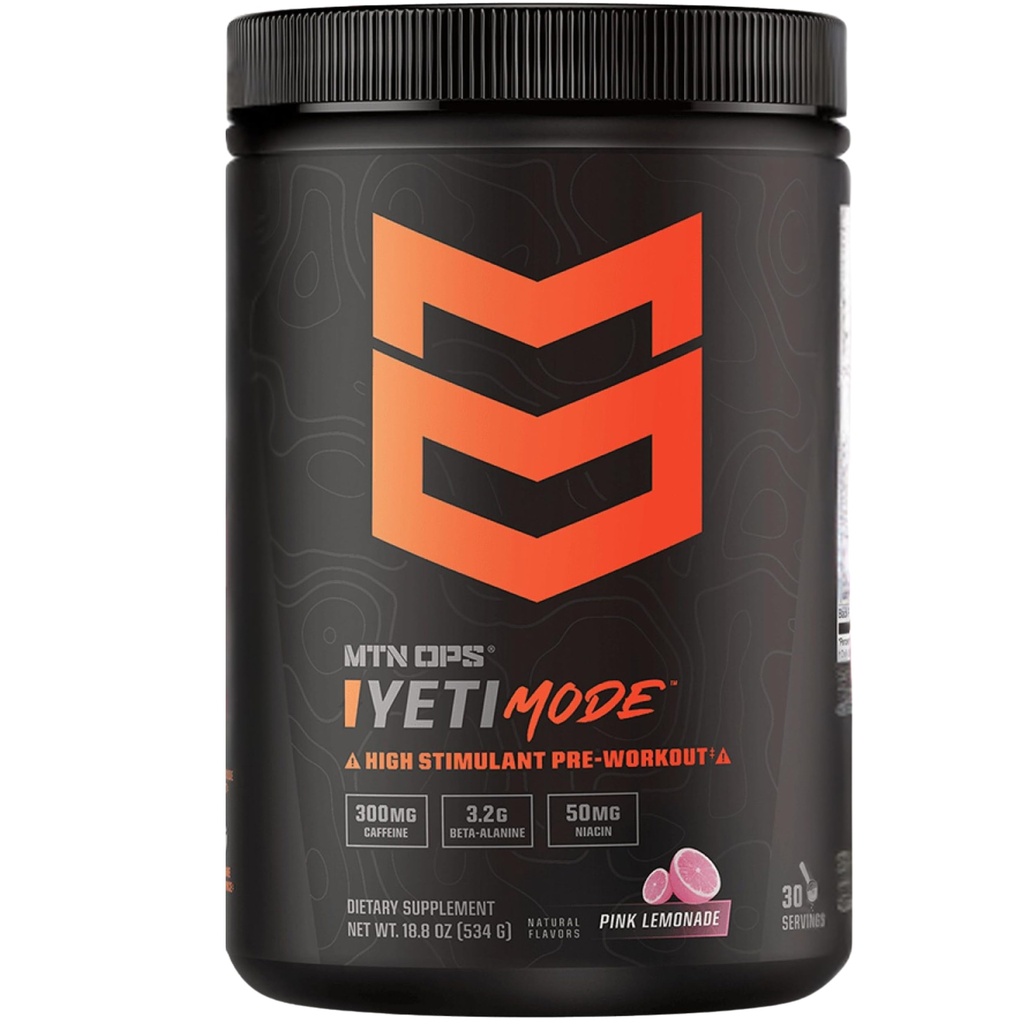 MTN OPS Yeti Mode Pre- Workout Powder - Explosive High- Stimulant with 300mg Coffein, Creatinine Monohydrat, Beta-Alanin, og 45mg Niacin - Pink Lemonade Flavor i 30 Servering Tub