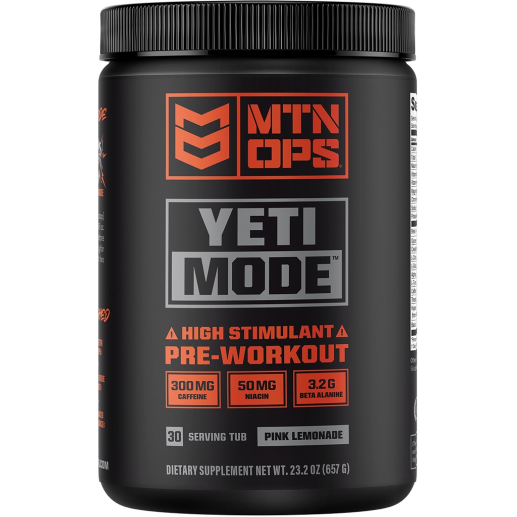 MTN OPS Yeti Mode Pre- Workout Powder - Explosive High- Stimulant with 300mg Coffein, Creatinine Monohydrat, Beta-Alanin, og 45mg Niacin - Pink Lemonade Flavor i 30 Servering Tub