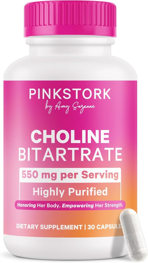 Pink Stork Cholin - 550 mg Cholin Bitartrat fra VitaCholin til Gravid + Postpartum Moms - Prenatal Vitamin til Føtale Kognitiv Sundhed + Brystmælk kvalitet - 1 Kapsel Daglig, 30 Tæl