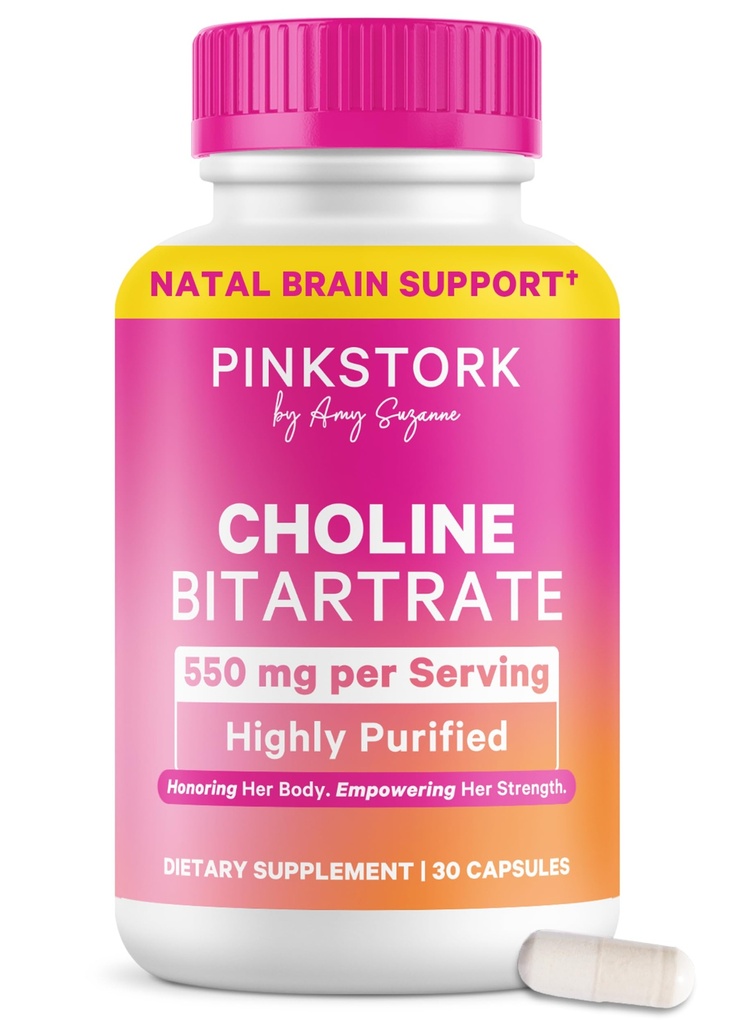 Pink Stork Cholin - 550 mg Cholin Bitartrat fra VitaCholin til Gravid + Postpartum Moms - Prenatal Vitamin til Føtale Kognitiv Sundhed + Brystmælk kvalitet - 1 Kapsel Daglig, 30 Tæl