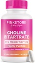 Pink Stork Cholin - 550 mg Cholin Bitartrat fra VitaCholin til Gravid + Postpartum Moms - Prenatal Vitamin til Føtale Kognitiv Sundhed + Brystmælk kvalitet - 1 Kapsel Daglig, 30 Tæl