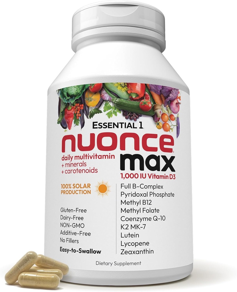 ANDREW LESSMAN Essential-1 nuonce max Multivitamin 1000 IE D3 60 små kapsler. 100 mcg methyl B12. CoQ10 Lutein Lycopene Zeaxanthin. High Potency. Ingen tilsætningsstoffer. Ultra- Mild 1 daglig kapsel