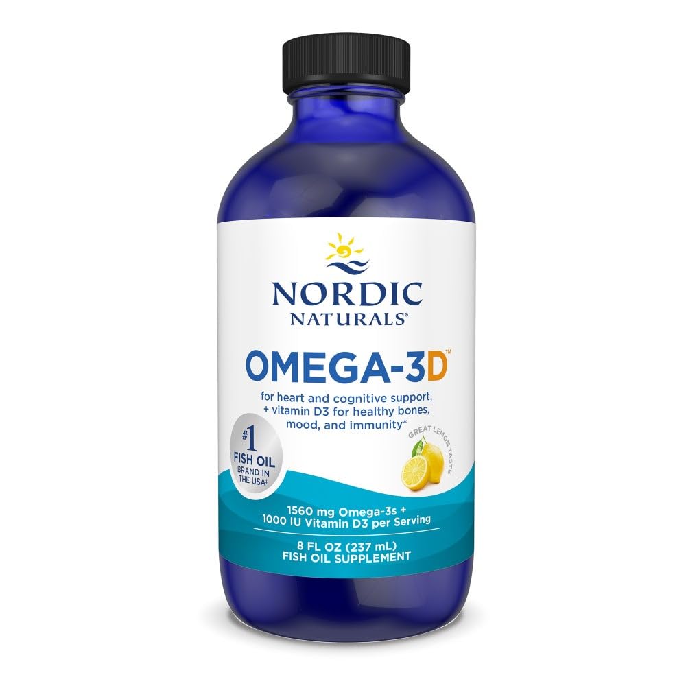Nordiske Naturals Omega- 3D, Lemon Flavor - 8 oz - 1560 mg Omega-3 + 1000 IE D3-vitamin - Fish Oil - EPA & DHA - immunforsvar, hjerne og hjerte sundhed, sunde knogler - ikke-GMO - 48 Servering