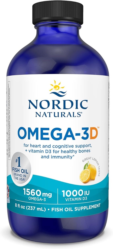Nordiske Naturals Omega- 3D, Lemon Flavor - 8 oz - 1560 mg Omega-3 + 1000 IE D3-vitamin - Fish Oil - EPA & DHA - immunforsvar, hjerne og hjerte sundhed, sunde knogler - ikke-GMO - 48 Servering