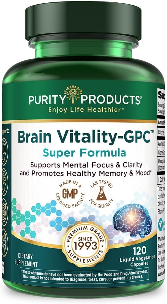 Renhed Produkter Brain Vitality- GPC Super Formel Acetyl L- Carnitin HCI + Alpha GPC + Phosphatidlyserine - Understøtter normal koncentration og mental Klarhed - 120 Caps