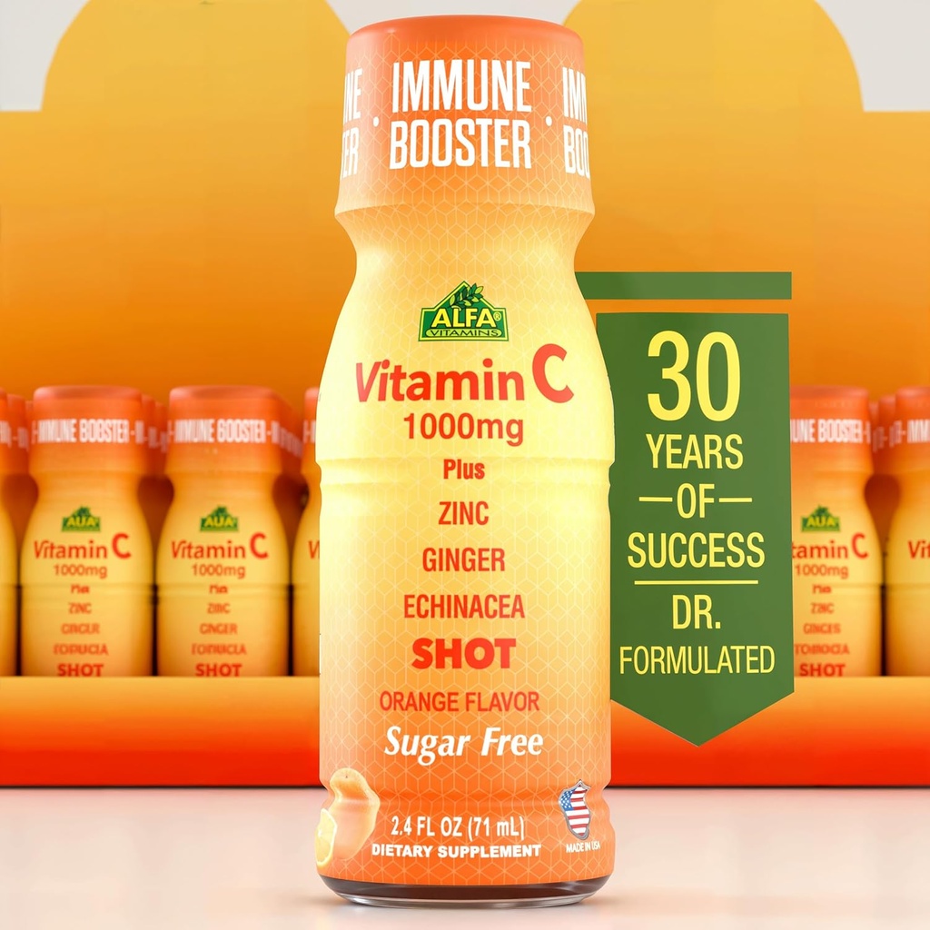 C-vitamin Shot 1000MG - Immunitet Booster med zink, Ingefær, & Echinacea - Beskyt din immunitet - Kæmp den fælles kulde - Orange Flavor - 2.4 FL Oz flaske - 20 Pack