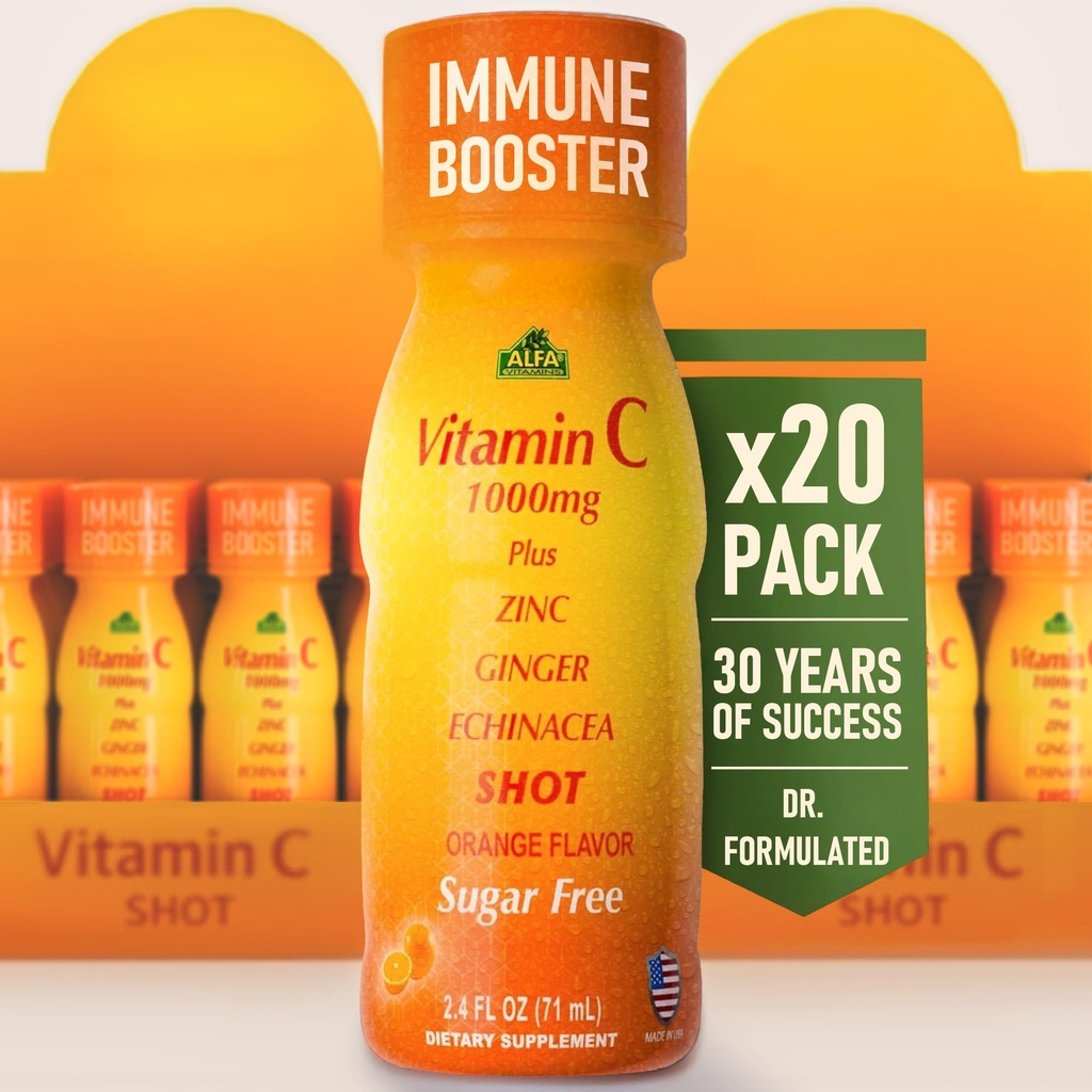 C-vitamin Shot 1000MG - Immunitet Booster med zink, Ingefær, & Echinacea - Beskyt din immunitet - Kæmp den fælles kulde - Orange Flavor - 2.4 FL Oz flaske - 20 Pack