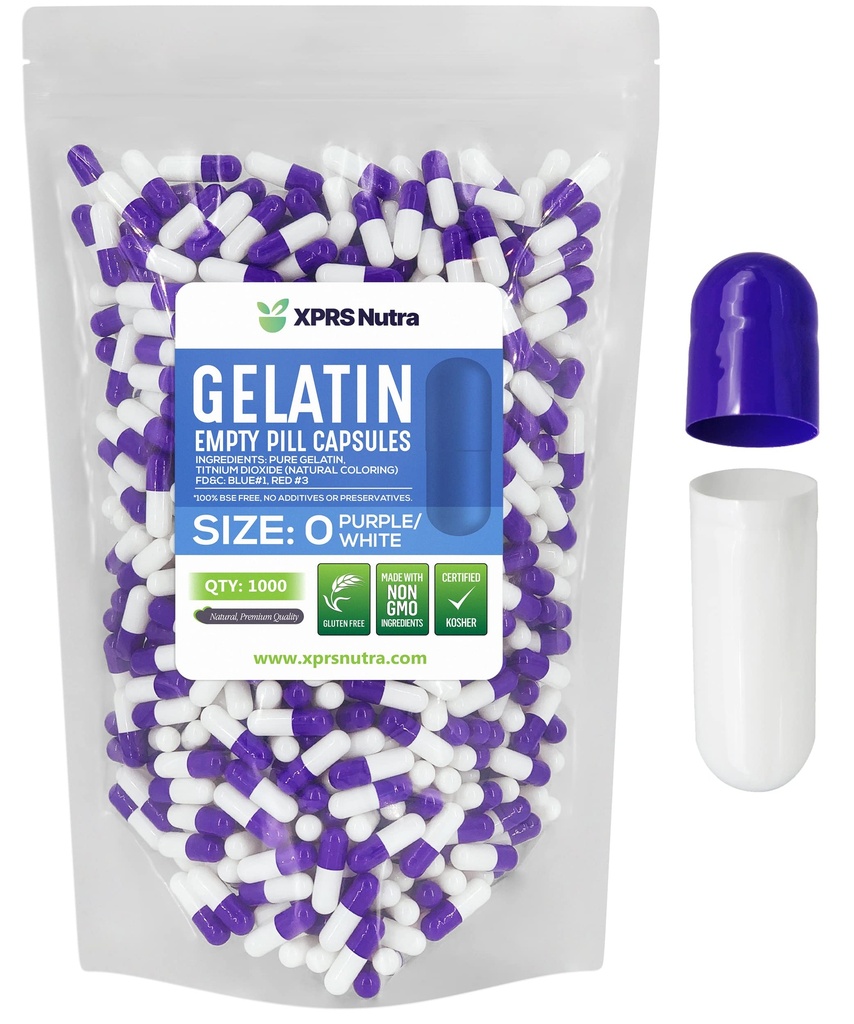 XPRS Nutra Størrelse 0 Tomme kapsler - 1000 Tomme Gelatine kapsler - Piller gør det - Pure Bovin Pill Gel Caps til Do- It- Yourself Kosttilskud (lilla / hvid)