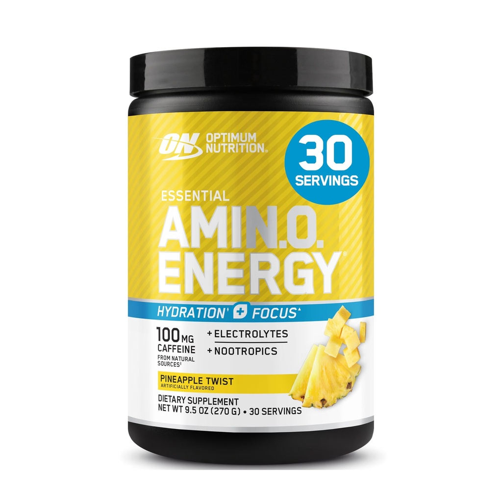 Optimum Nutrition Amino Energy Powder Plus Hydration, med BCAA, Electrolytes, og Koffein, Ananas Twist, 30 Servere (Packaging May Vary)