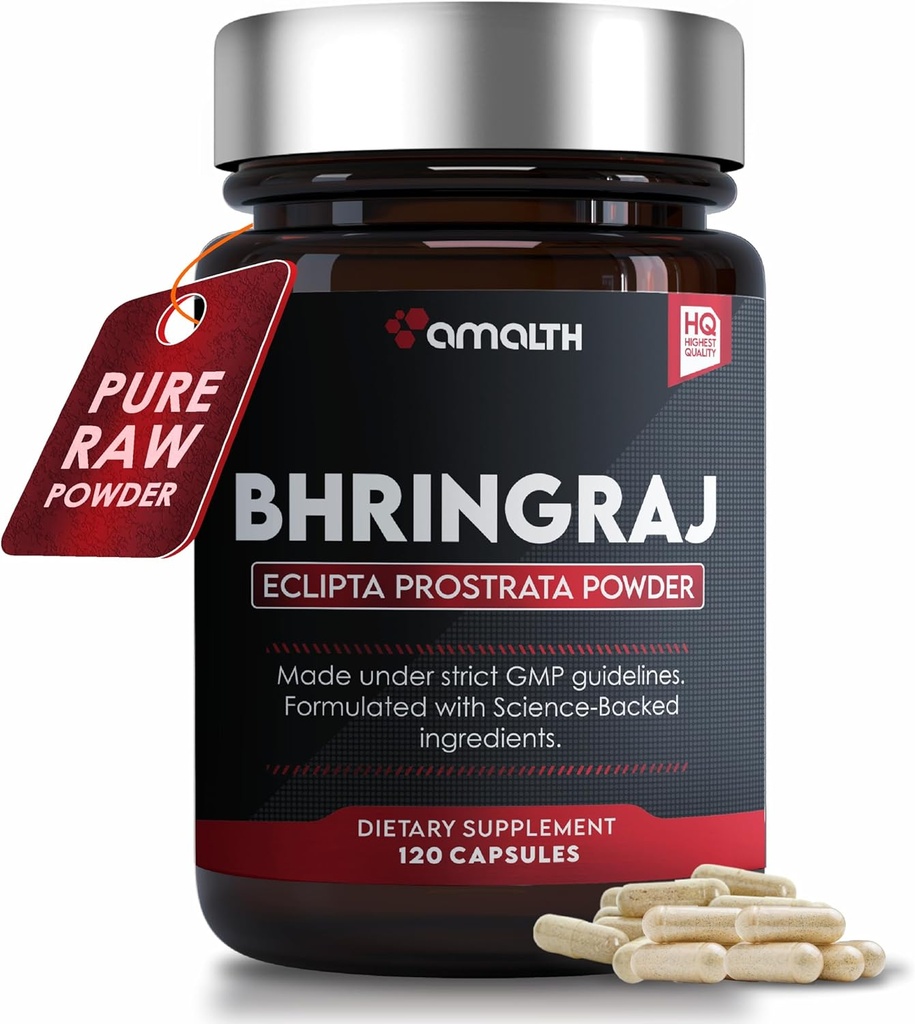 Amalic Organic Bhringraj Capsules 1500mg (False Daisy, Eclipta alba, 120 Veg Caps, Plant- baseret supplement, Ayurvedic Hår Herb Powder for Natural Sund Hår, All Natural, Vegan)
