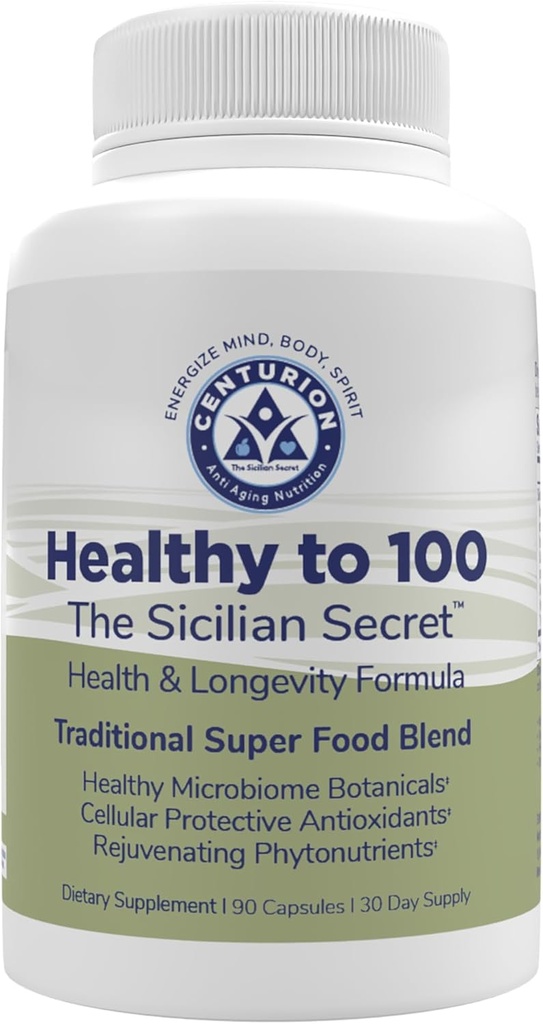 Sund til 100, Sicilien Secret Mediterranean Diet, Superfood, Understøtter sund livsstil, (med Resveratrol, Rosemary, Grape Seed Extract, Bergamot Extract) Boost Immunitet, 90 Kapsler, 30 Servering