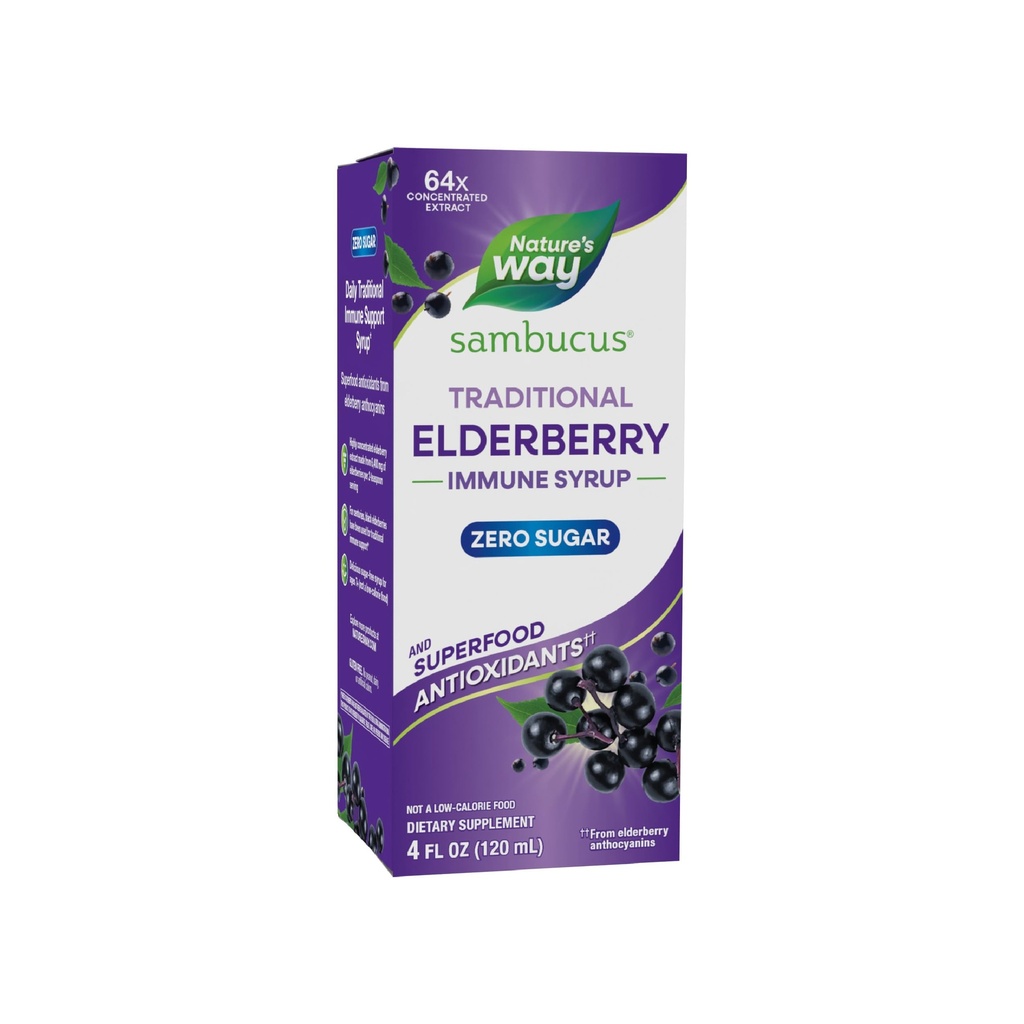 Nature 's Way Sambucus Zero Sugar Traditional Immunsyrup, Højt koncentreret Black Elderberry Extract, Traditional Immunsupport *, med Superfood Antioxidants (1), 4 Fl Oz (Packaging May Vary)