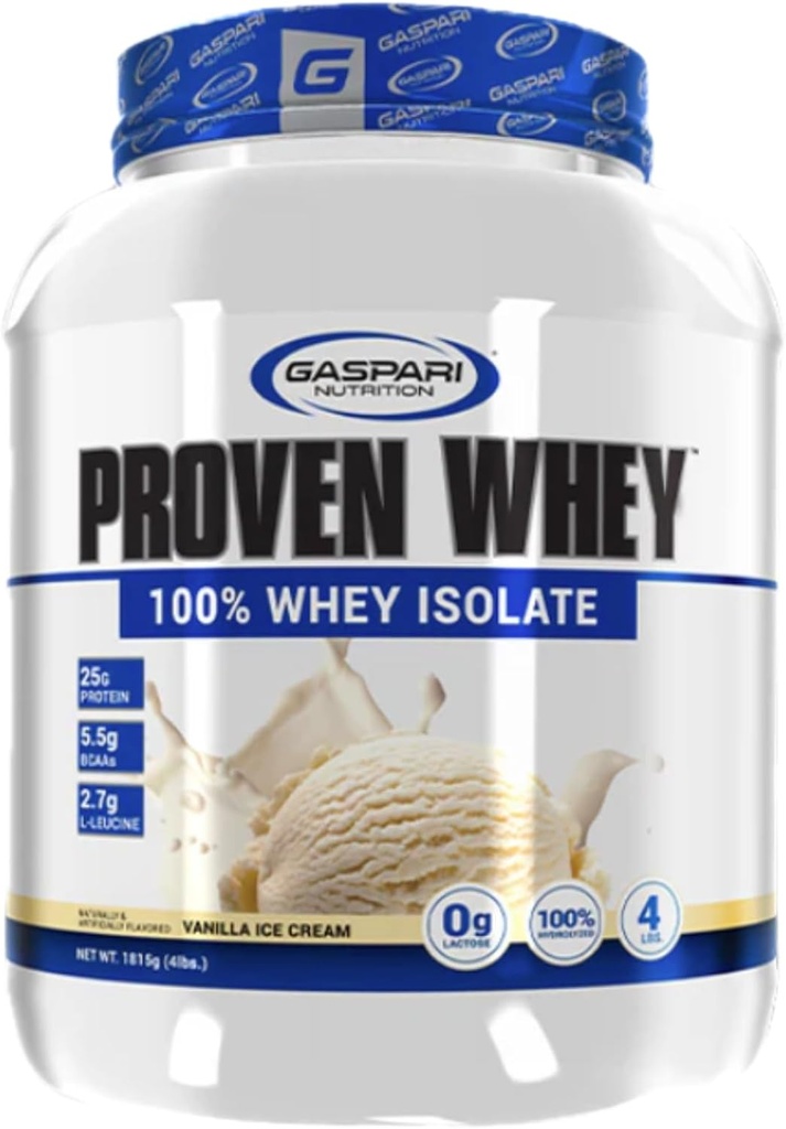 Gaspari Nutrition Proven Whey, 100% Hydrolyzed Whey Isolate, High Protein, Lactose Free, Low Carbohydrat and Low Sugar (4lb, Vanilla Ice Cream)
