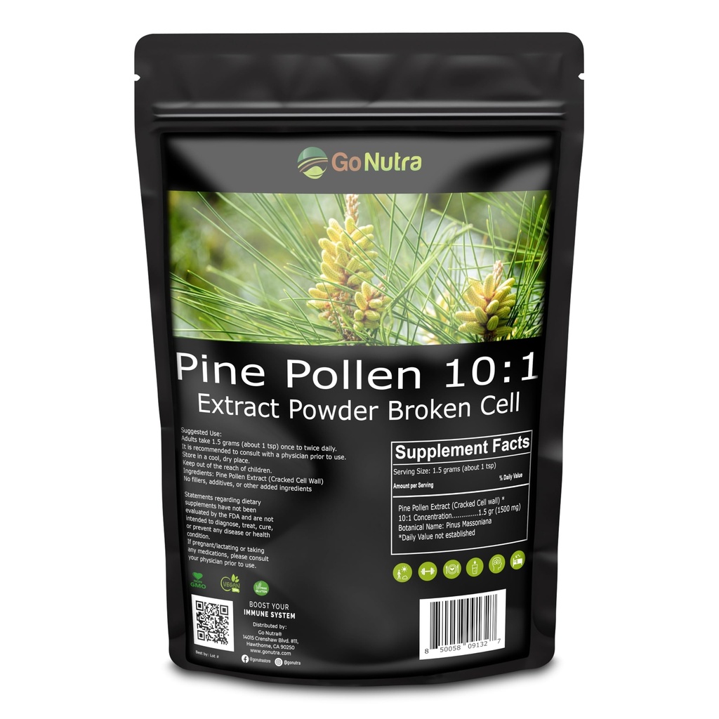 Go Nutra Pine Pollen Powder # 124; Wild Harareed & Broken Cell Wall # 124; Pure 10: 1 Pine Pollen Extract, Antioxidant- Rich & Androgened # 124; Understøtter sundhed, energi # 124; Vegan, Non- GMO, Gluten Free # 124; 6 Ounce