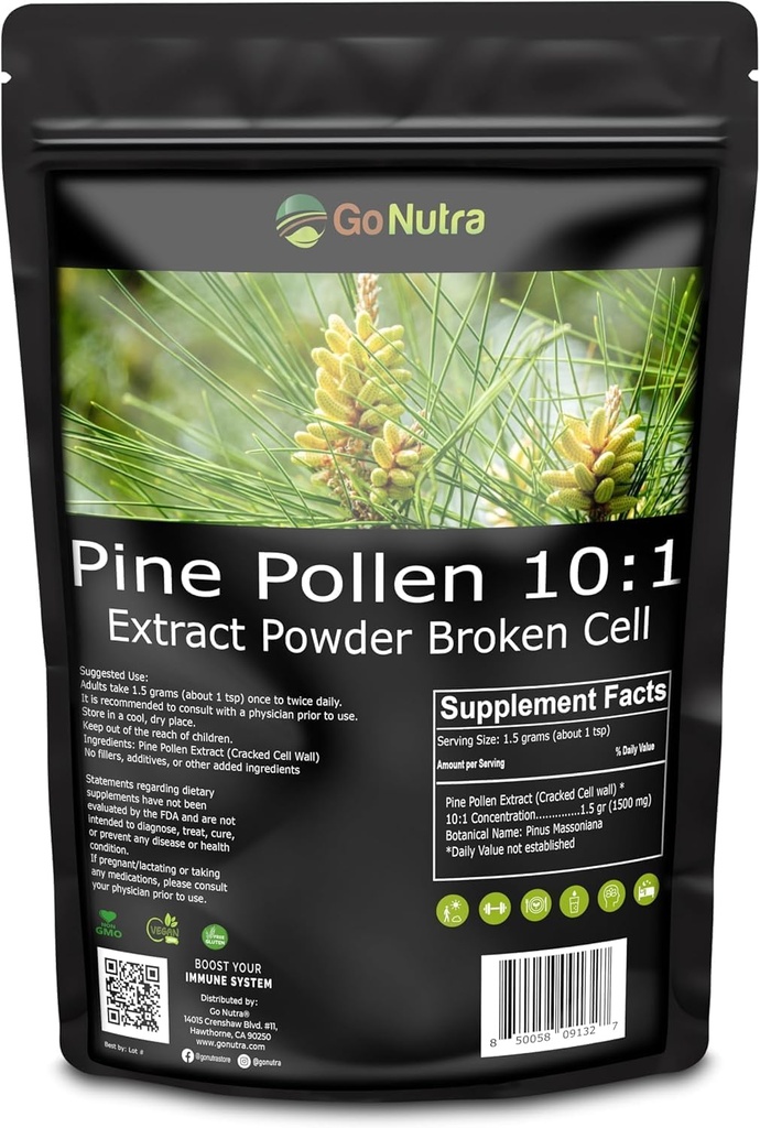 Go Nutra Pine Pollen Powder # 124; Wild Harareed & Broken Cell Wall # 124; Pure 10: 1 Pine Pollen Extract, Antioxidant- Rich & Androgened # 124; Understøtter sundhed, energi # 124; Vegan, Non- GMO, Gluten Free # 124; 6 Ounce