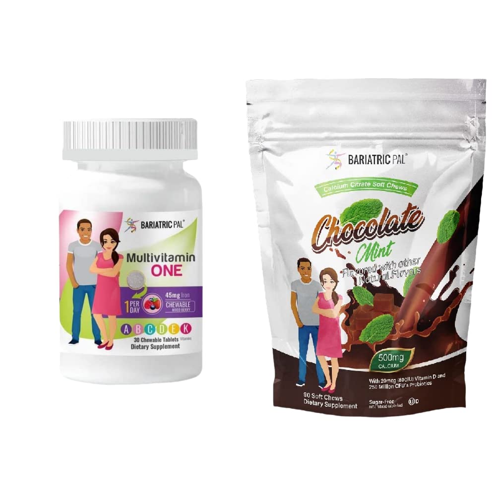 BariatricPal 30- Day Bariatric Vitamin Bundle (Multivitamin ONE 1 per dag! Chewable with 45mg Iron - Blandet berry og Calcium Citrate Soft Chews 500mg with Probiotics - Chokolade Mint)