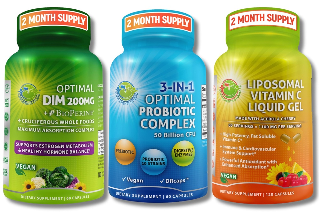 Hormonal, fordøjelses- og immunsupportbundle - DIM 200mg med BioPerine ® & Cruciferous Whole Foods + Vegan 3- in-1 Probiotic 50 Millioner CFU + Liposomal Vitamin C 1100mg med Acerola Cherry - Ingen Fylder