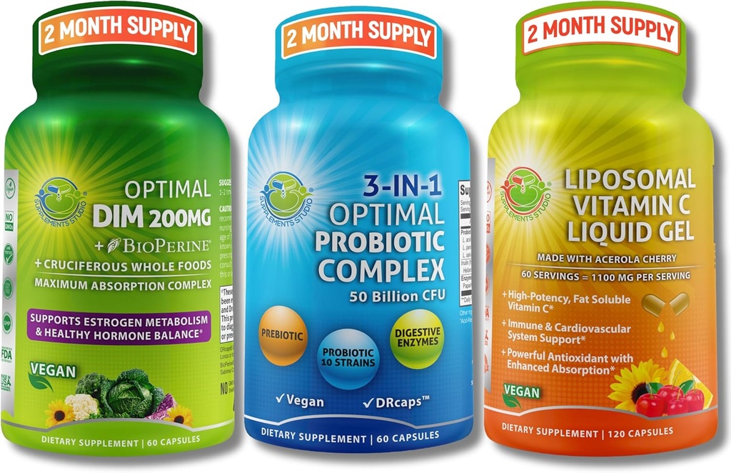 Hormonal, fordøjelses- og immunsupportbundle - DIM 200mg med BioPerine ® & Cruciferous Whole Foods + Vegan 3- in-1 Probiotic 50 Millioner CFU + Liposomal Vitamin C 1100mg med Acerola Cherry - Ingen Fylder