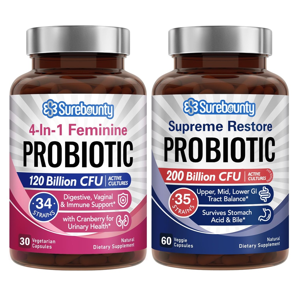 Probiotisk Bundle, 4- 1- feminin probiotisk (30ct) & Supreme Gendanne Probiotisk (60ct), 2 pakker, Tranebær Vaginal Support, GI Tract Balance, Vegan, Non- Dairy