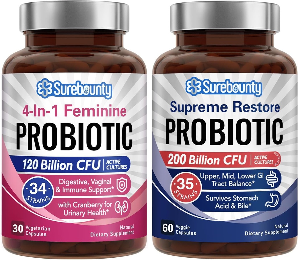 Probiotisk Bundle, 4- 1- feminin probiotisk (30ct) & Supreme Gendanne Probiotisk (60ct), 2 pakker, Tranebær Vaginal Support, GI Tract Balance, Vegan, Non- Dairy