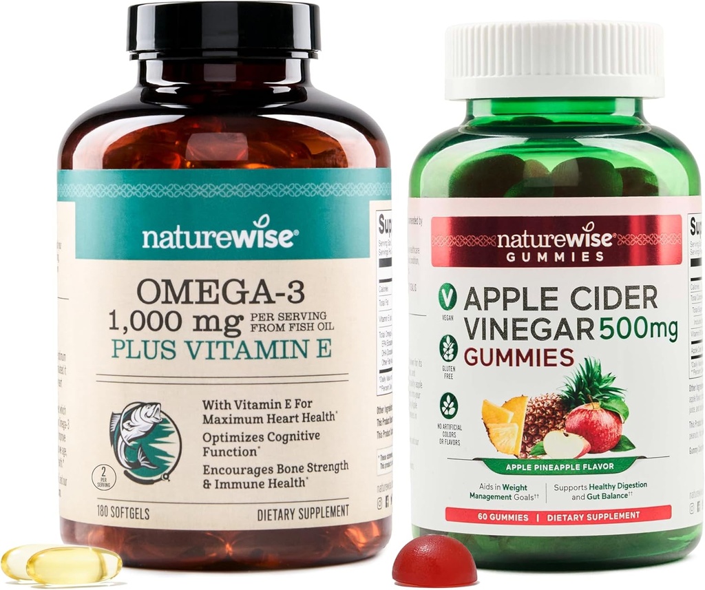 NatureWise Omega-3 Fish Oil 1000mg med E 180-greve + Apple Cider Vincious Gummies 500mg med B12, 60- greve (Vegan Gummy) - Bundle for Heart, Eye, fordøjelsessygdomme - Gluten Free, Soy- Free, Non- GMO