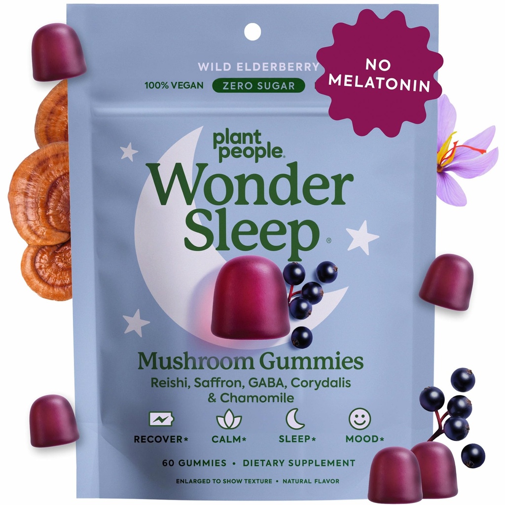 Plant Folk WonderSleep Mushroom Gummies supplement til søvn, No Melatonin med Reishi Super Mushrooms, Wild Elderberry Flavor, Sugar- Free (60 Greve)