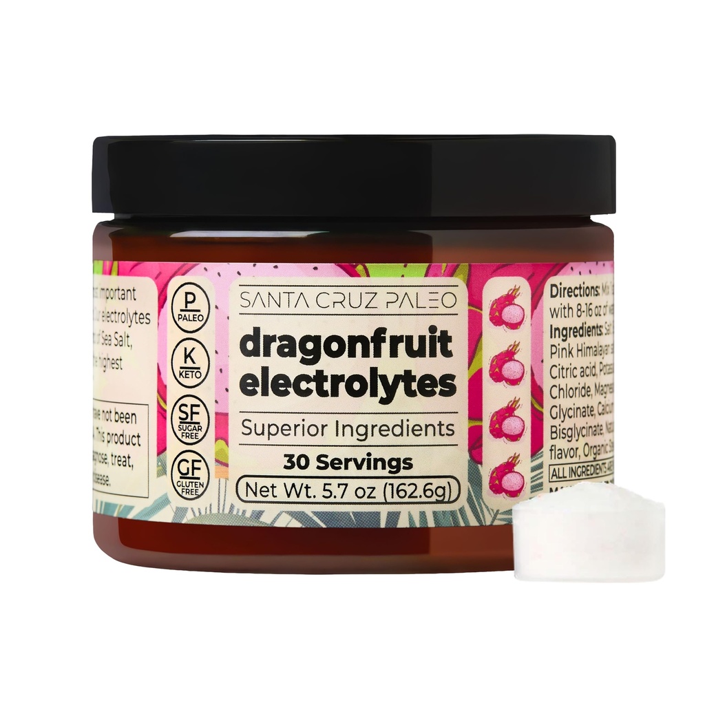Santa Cruz Paleo Electrolyte Powder, Dragon Fruit Flavor, Sugar Free Hydration Drink Mix med Himalayan Pink Salt, Sea Salt, Magnesium Glycinate, Kaliumchlorid, Sødet med Stevia, 30 Servere