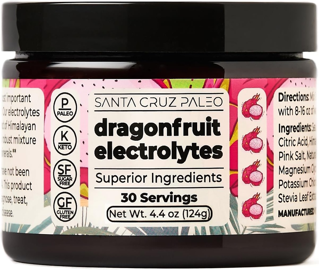 Santa Cruz Paleo Electrolyte Powder, Dragon Fruit Flavor, Sugar Free Hydration Drink Mix med Himalayan Pink Salt, Sea Salt, Magnesium Glycinate, Kaliumchlorid, Sødet med Stevia, 30 Servere