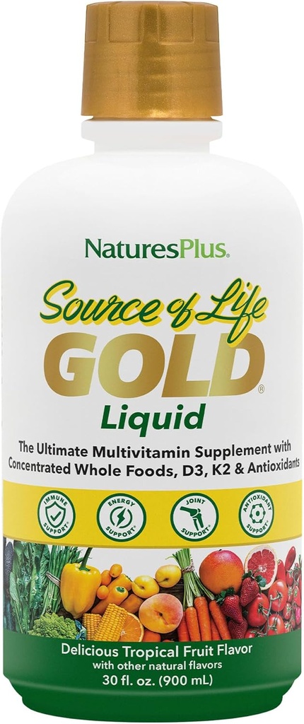 NaturesPlus Kilde til liv Guld Multivitamin Væske - 30 oz - med vitaminer D3, B12 & K2 - blod, ben & immunforsvar - Vegetar & Gluten Free - 30 Servere
