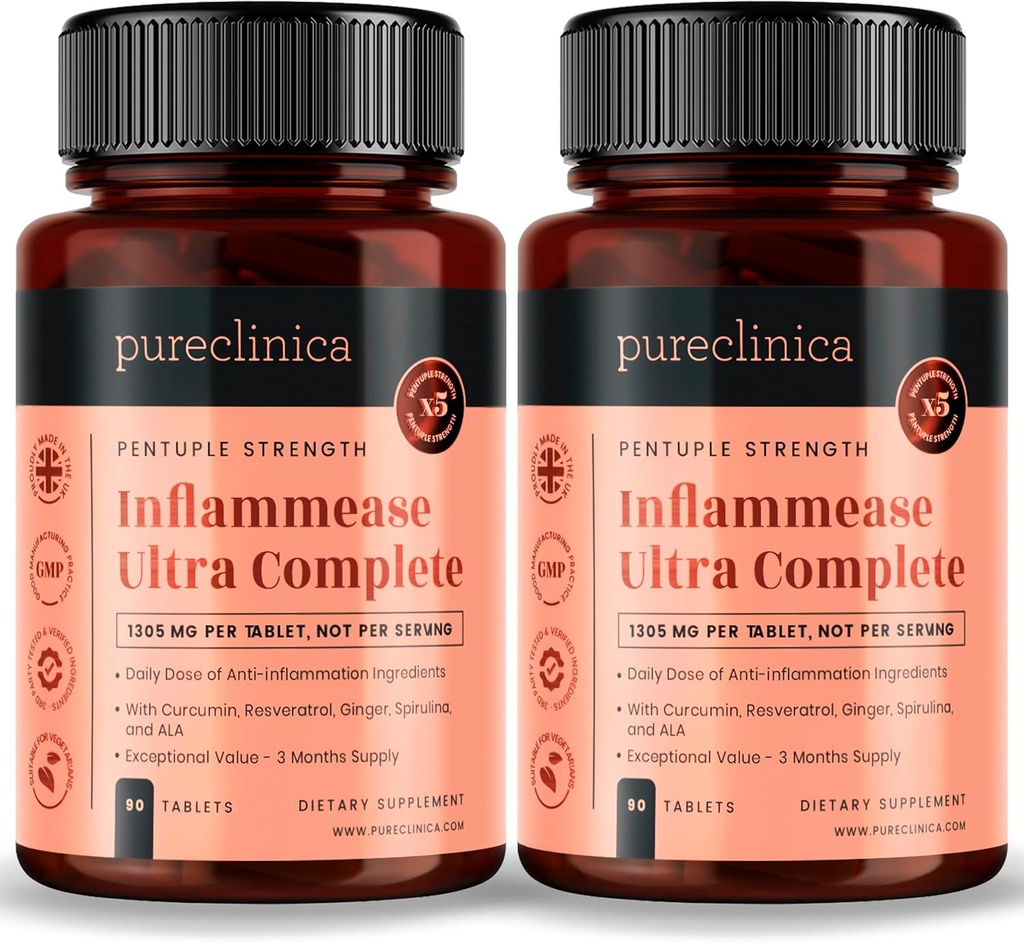 pureclinica Inflammease Ultra Complete (Resveratrol, Ingefær, ALA, Spirulina, Curcumin- 5 Kosttilskud i én) 1305mg x 180 Tablets - 2 flasker af 90 Tablets - 6 Months Supply!