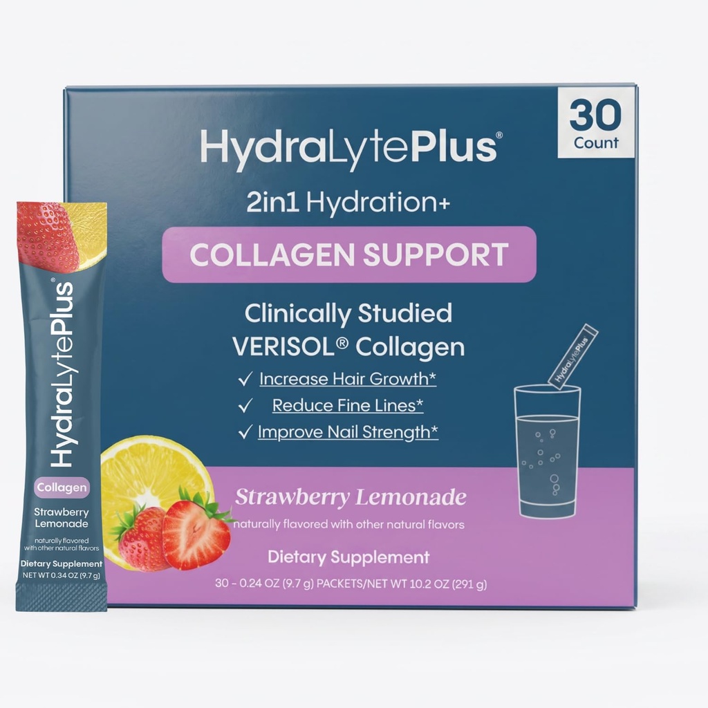Hydralyte Verisol Collagen Pakker med elektrolyter, Hydration Pakker med Collagen til kvinder og mænd, Electrolytes Powder med Collagen til rejser og daglig hydrering med C-vitamin (30 Greve)