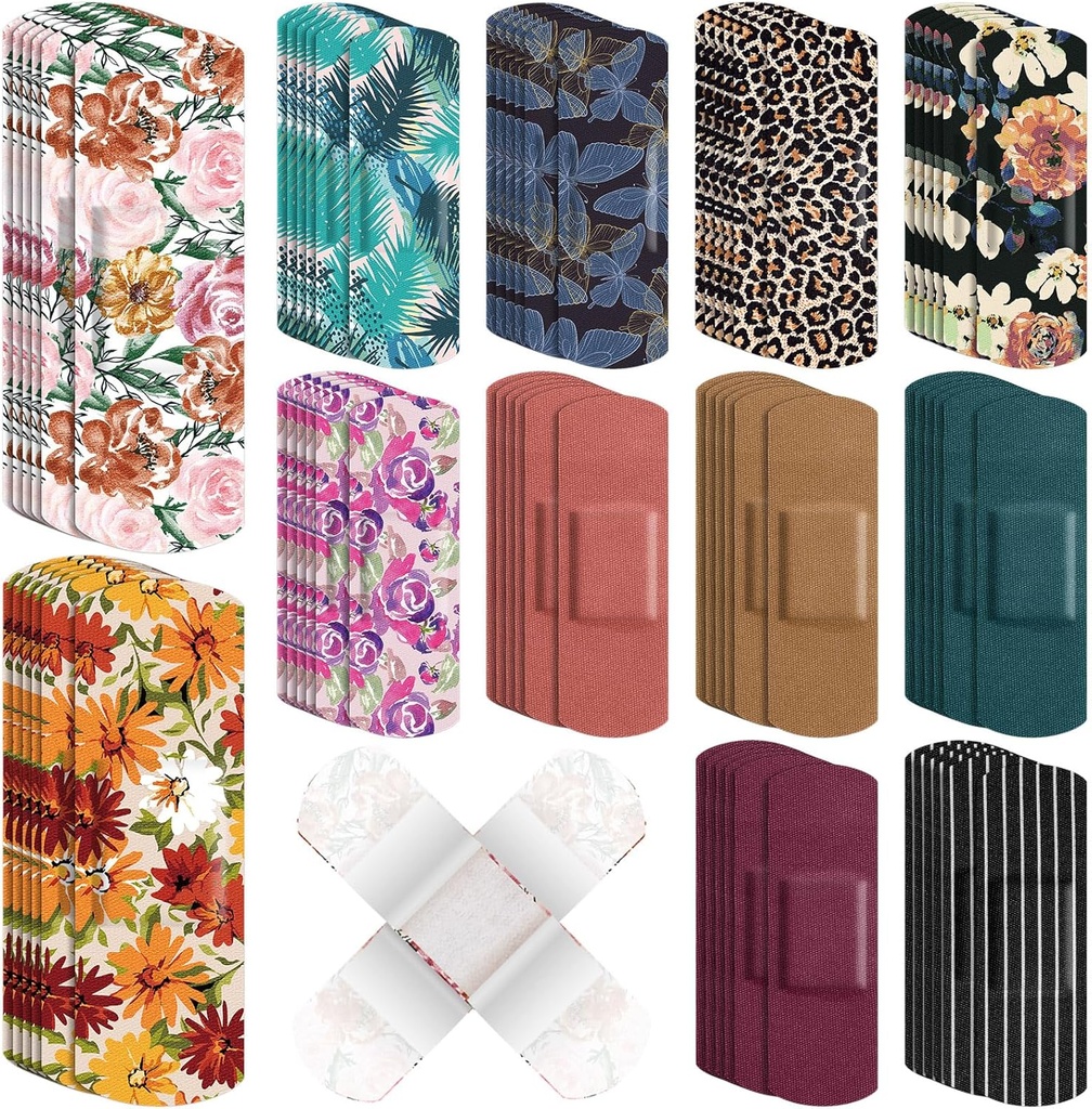 180 Pcs Fleksible stof vedhæftede Bandager Bulk Assorterede Bandager Floral Breathable Fabric Strip med non Stick Pad, Fleksibel beskyttelse Sårpleje for kvinder Cuts Scrapes Førstehjælp, 12 Styles