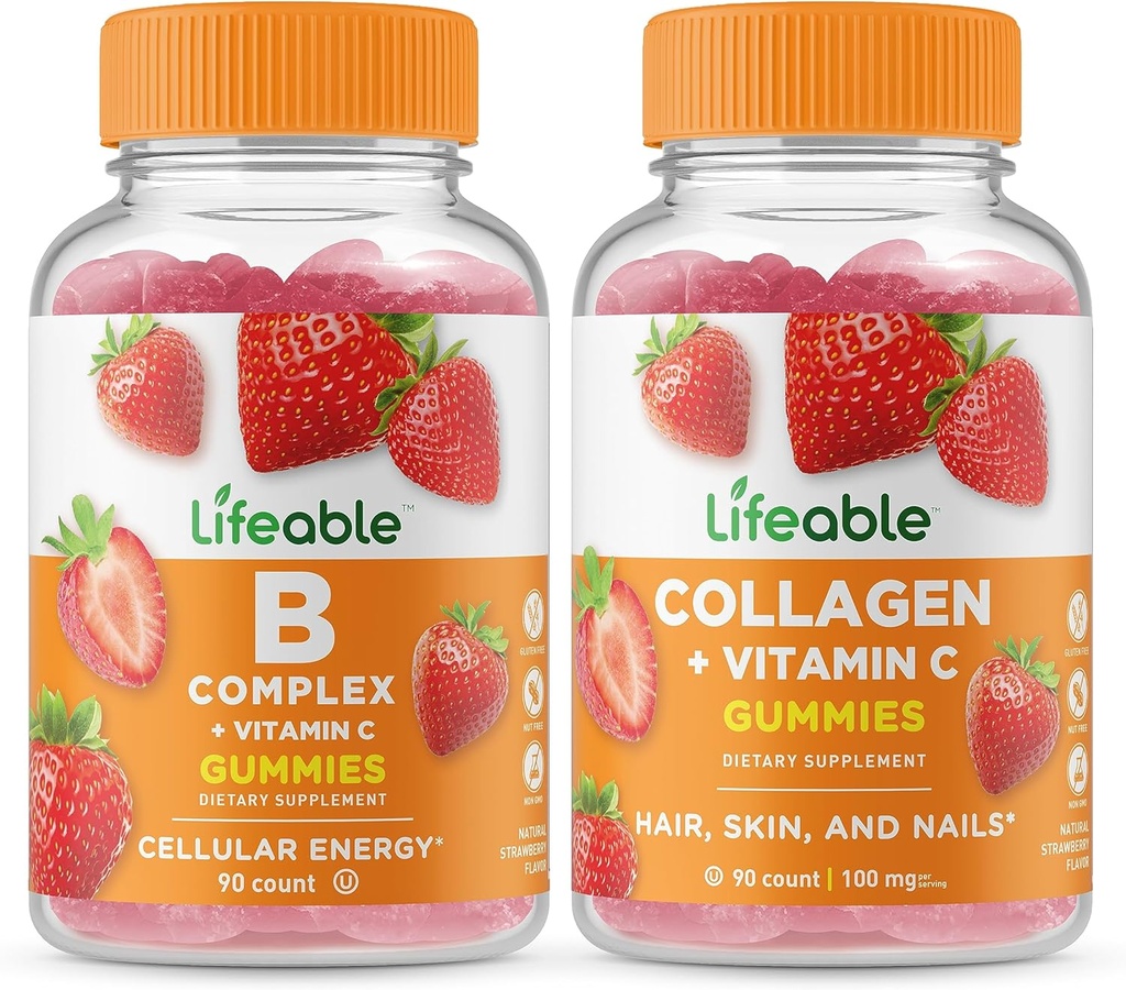 Lifeable B Complex + Collagen & Vitamin C, Gummies Bundle - Great Tasting, Vitamin Supplement, Gluten Free, GMO Free, Chewable Gummy
