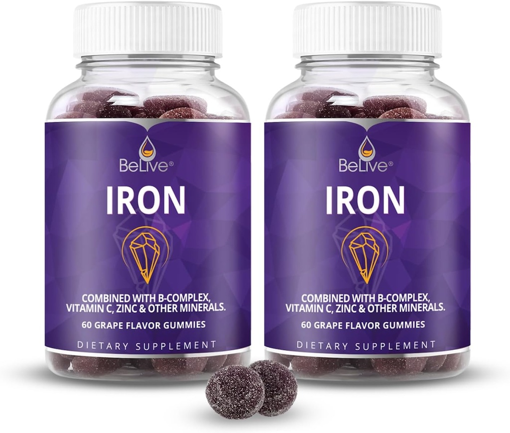BeLive Iron Gummies - Multivitamin jerntilskud med vitamin C, A, B & Zink, understøtter blod oxygen, Vegan Kosttilskud til kvinder, mænd & børn for vækst og udvikling - Grape Flavor Buddy 124; 2-Pack