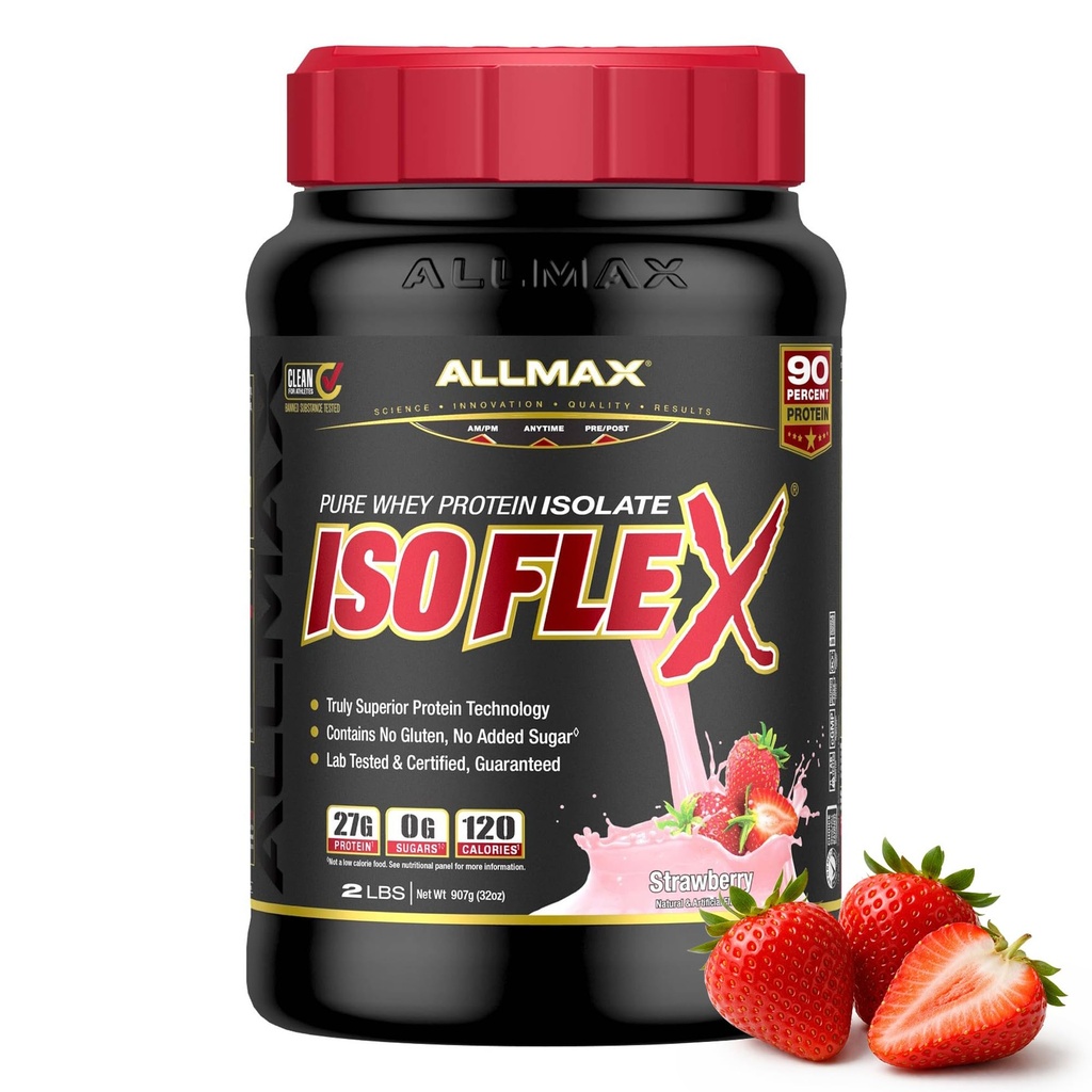 ALLMAX Nutrition ISOFLEX Whey Protein Isolate, Strawberry - 2 LB - 27 Bedste Protein Per Scoop - Zero Fat & Sugar - 99% Lactose Free - Gluten Free & Soy Free - Ca. 30 Servere