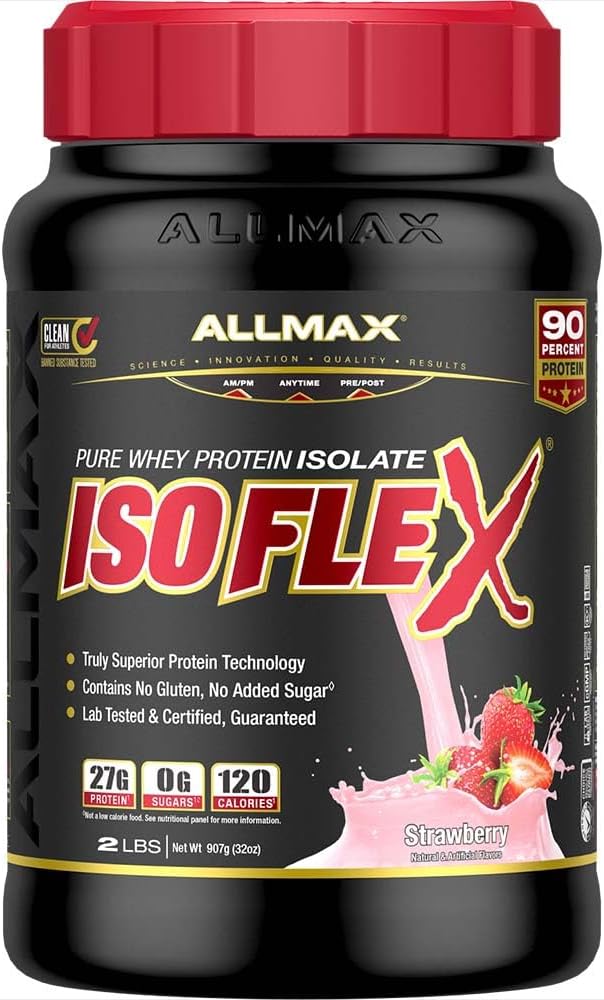 ALLMAX Nutrition ISOFLEX Whey Protein Isolate, Strawberry - 2 LB - 27 Bedste Protein Per Scoop - Zero Fat & Sugar - 99% Lactose Free - Gluten Free & Soy Free - Ca. 30 Servere