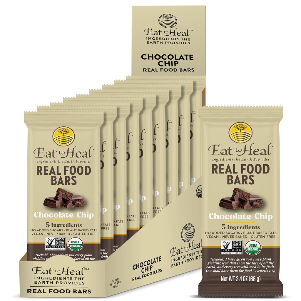 EatToHeal Chokolade Chip Real Food Bar - Økologisk Vegansk Sund Gluten Free Protein Bars - Lavsukker Meal Erstatning Bar, Ikke GMO, Aldrig bagt, Plant baseret - Fremsat til at nyde, Ikke sidde på hylstre