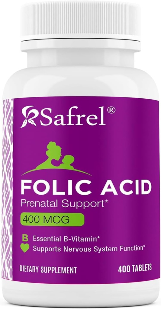 Safrel folinsyre 400 mcg - vitamin B9 - 400 tabletter, essentiel prenatal og postnatal Vitamin til foster udvikling, røde blodceller produktion, celle og neurale udvikling