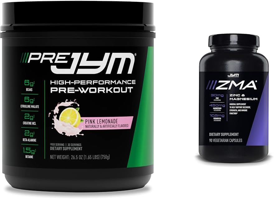 PRE JYM 30 Servings Pink Lemonade & JYM ZMA Zinc/Magnesium Capsules Supplement 90 Vegetarian Capsules