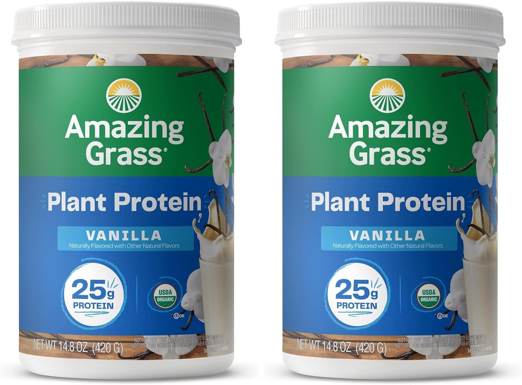 Amazing Grass Vegan Protein Powder, Plant Based Organic Blend med 25 g protein, Dairy, Gluten & Soy Free - Creamy Vanilla (10 Servering) (Pack of 2)
