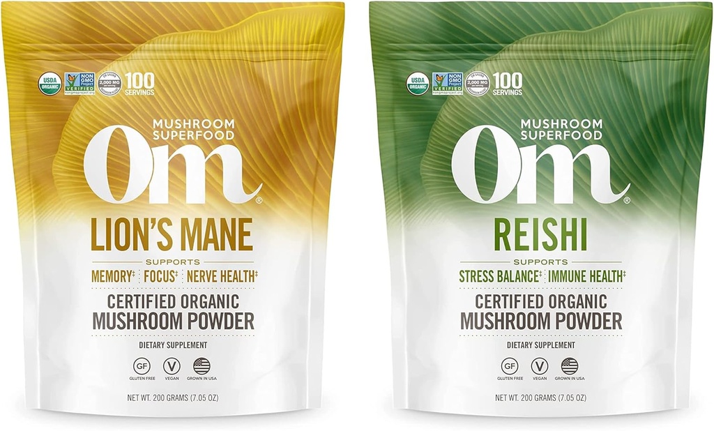 OM MUSHROOM SUPERFOOD 7.05oz Bundle, Lions Mane & Reishi Organic Mushroom Powder, 200 Servere