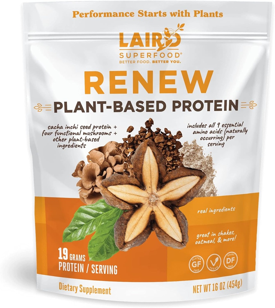 Laird Superfood Renew Plant- baseret protein pulver, 19 Bedste Protein, Vegan med Sasha Inchi Seed Protein, Fire funktionelle svampe, Konserveringsfri, Glutenfri, Dairy- fri, 16 oz. Taske