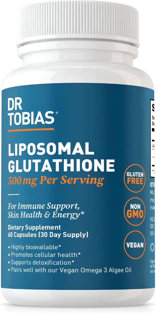 Dr. Tobias Liposomal Glutathione, 500mg Per Serving - Højt biotilgængeligt Glutathione supplement, understøtter energi, hud og immunforsvar - Vegan, Gluten- Free, Non- GMO, 60 kapsler, 30 servere