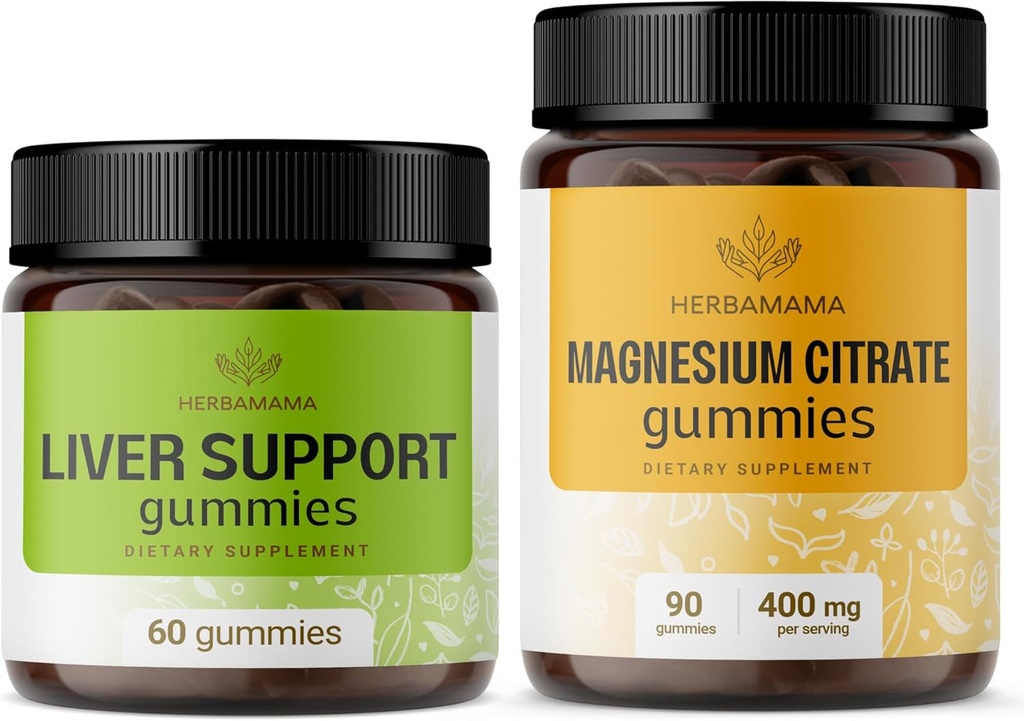 HERBAMAMA leverstøttekompleks og Magnesiumsæt - Bundle of Lever Support Herbal Complex & 400 mg Magnesium Citrate Gummies - Vegan, Non- GMO, Gelatin- Free - 2 Pack