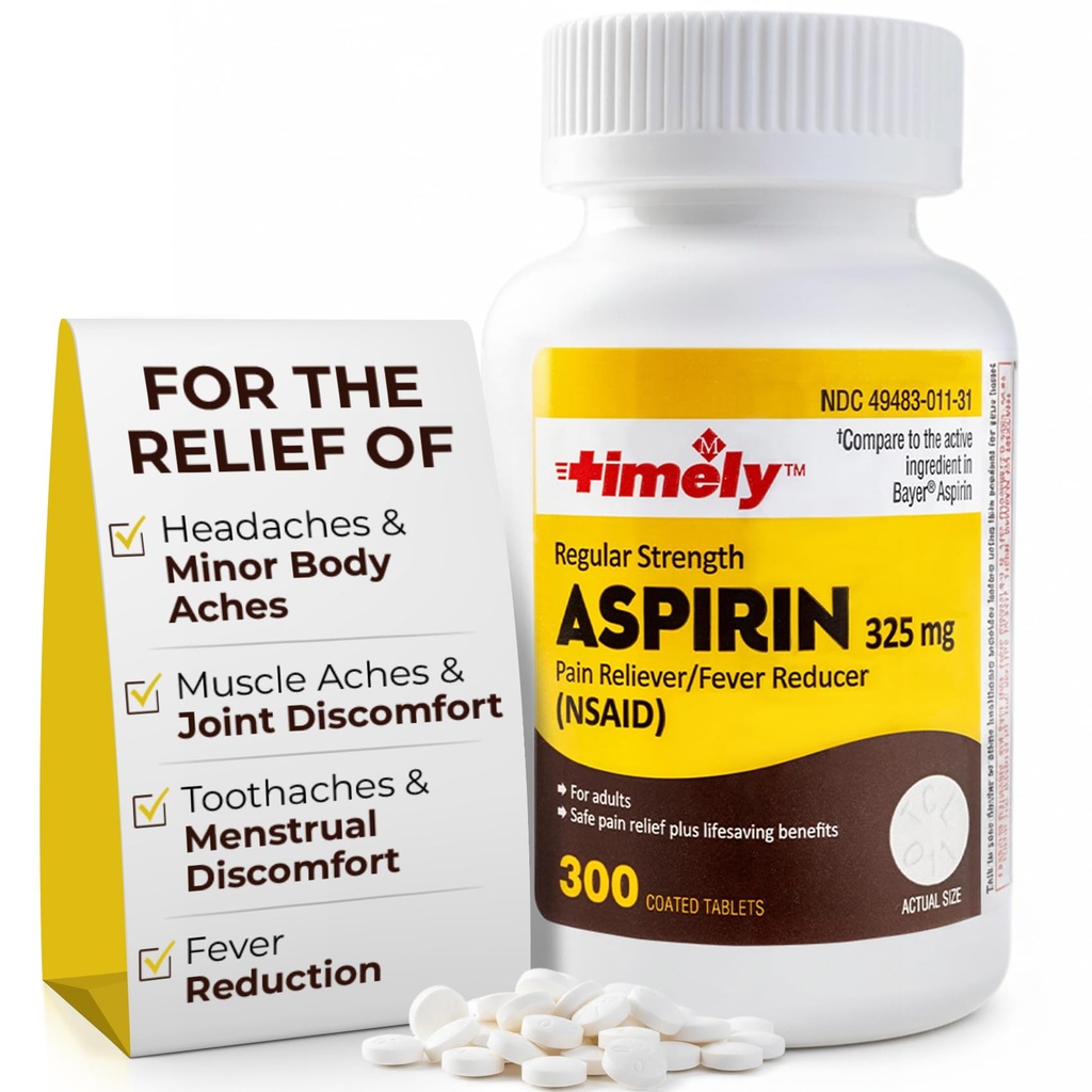TIME-CAP LABS, INC. Timebasis 300 Tæl regulær styrke Aspirin 325mg for voksne - Sammenlignet med Bayer - Overtrukket regulær styrke Aspirin tabletter - Smerte Reliever for mindre Aches og Pains - Made in USA