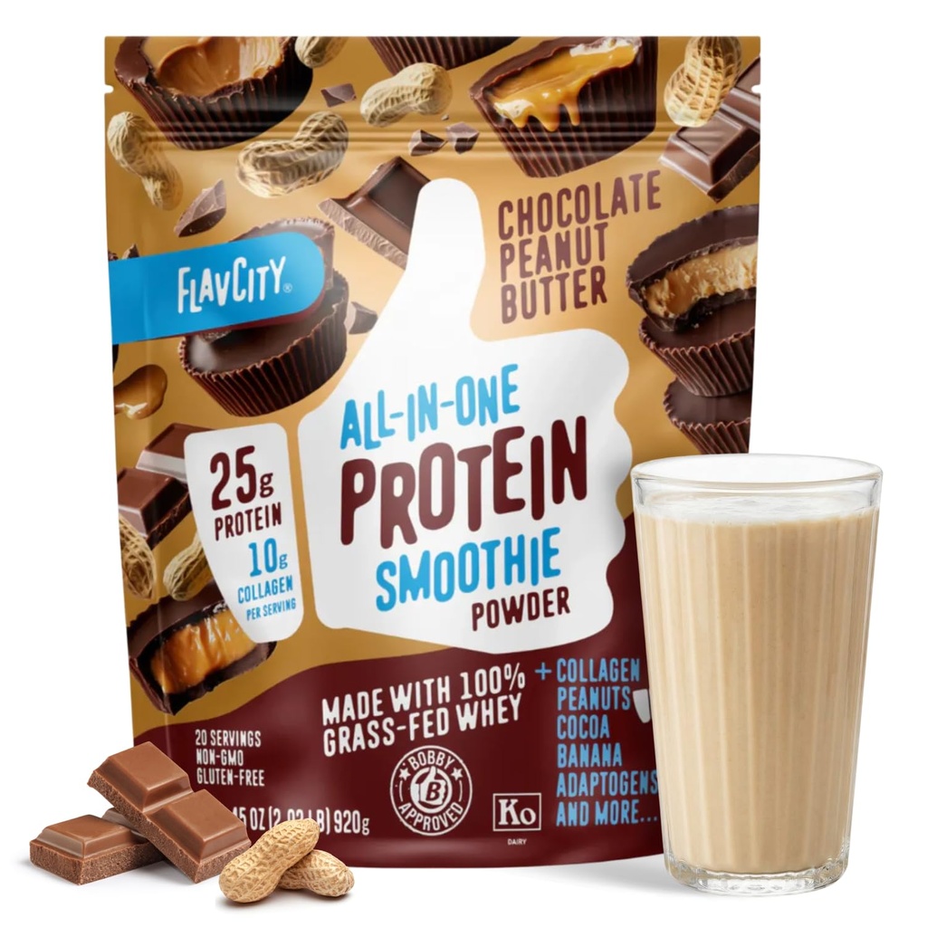 FlavCity Grass Fed Whey Chocolate Protein Powder - Chokolade Peanut Butter - 25g Protein & 10g Collagen - Lavet med økologisk kakao & kokos mælk - Gluten Free & Ingen Tilføjet sukkerarter (20 Servere)