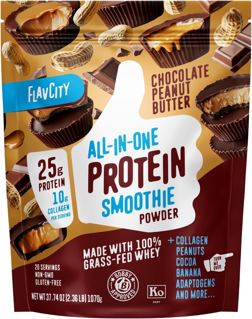 FlavCity Grass Fed Whey Chocolate Protein Powder - Chokolade Peanut Butter - 25g Protein & 10g Collagen - Lavet med økologisk kakao & kokos mælk - Gluten Free & Ingen Tilføjet sukkerarter (20 Servere)